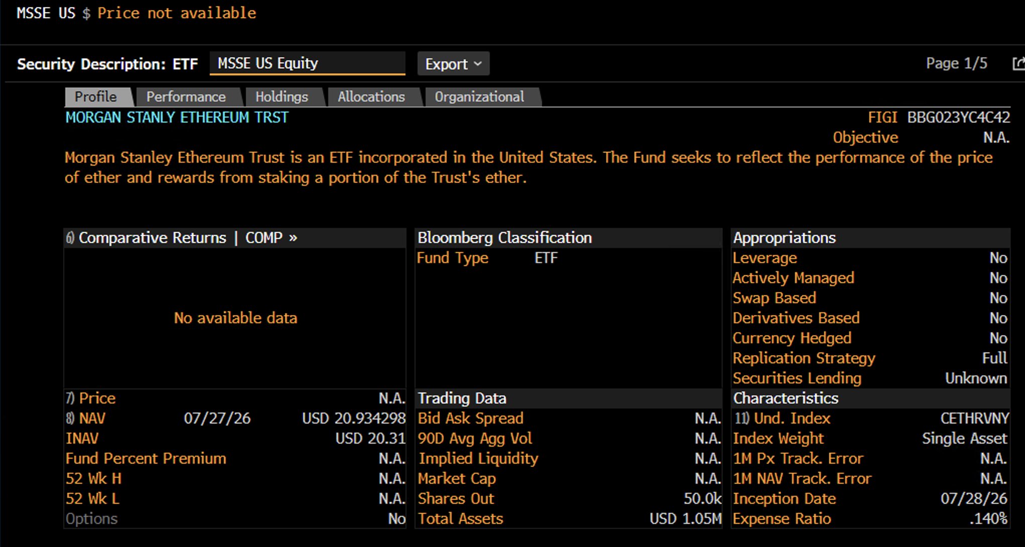 ETF de Ethereum de Morgan Stanley | Fuente: Bloomberg
