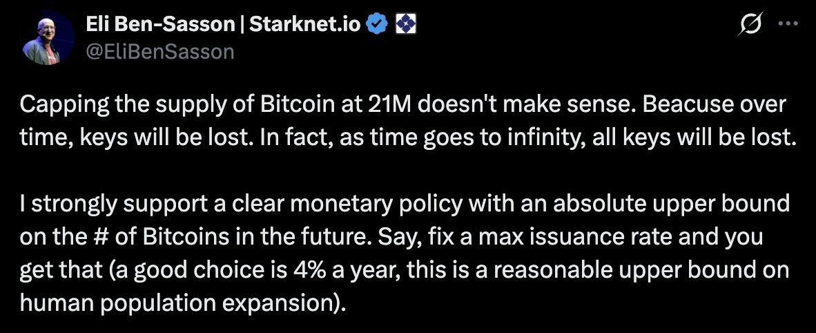 X post about Bitcoin by Eli Ben-Sasson