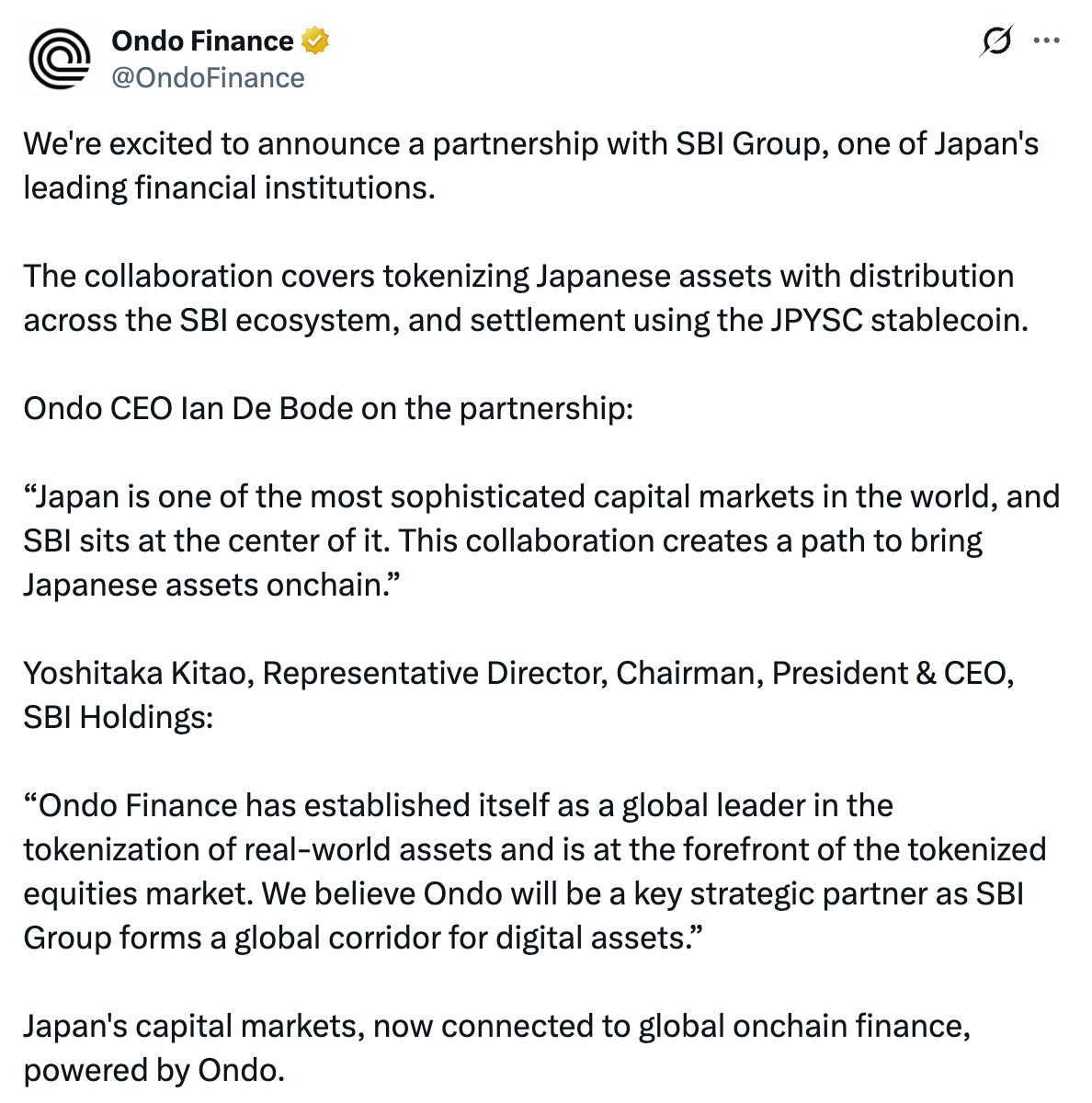 Vereinbarung zwischen Ondo Finance und der SBI-Gruppe | Quelle: X