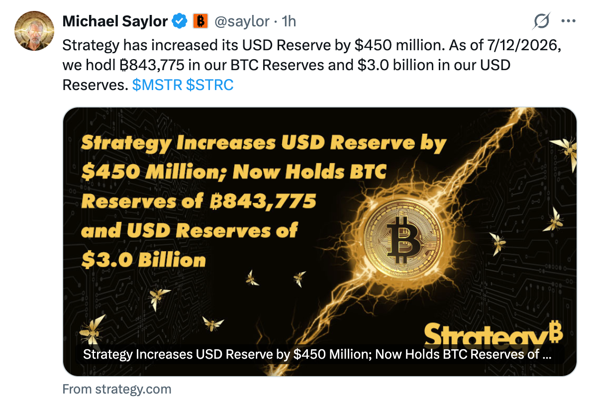 Strategy aumenta sus reservas de efectivo | Fuente: X