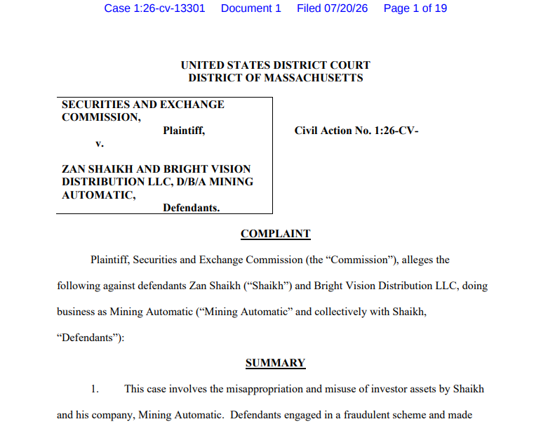 Иск Комиссии по ценным бумагам и биржам (SEC) против компании «Mining Automatic». Источник: SEC 
