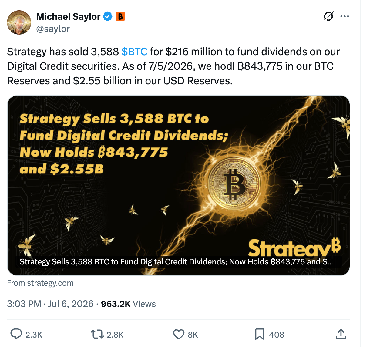 Strategy sells Bitcoin | Source: X