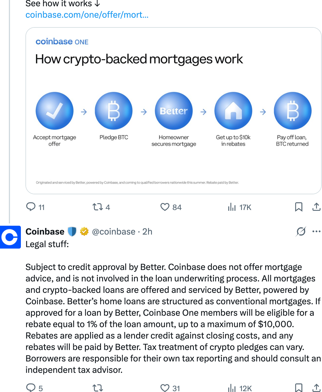 Coinbase lanza hipotecas respaldadas por criptomonedas | Fuente: X