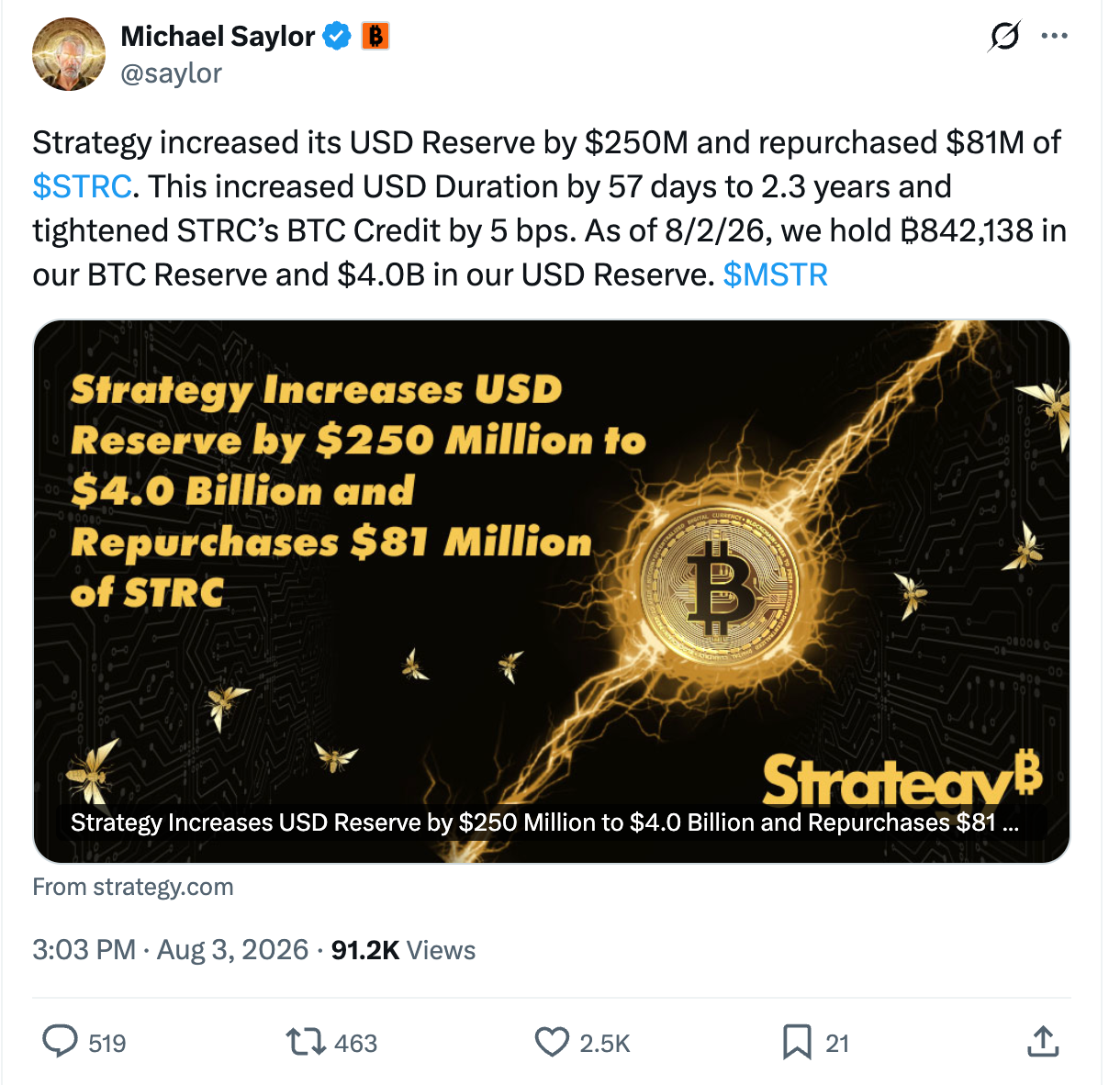 Strategy vende bitcoins y sigue diluyendo su participación | Fuente: X