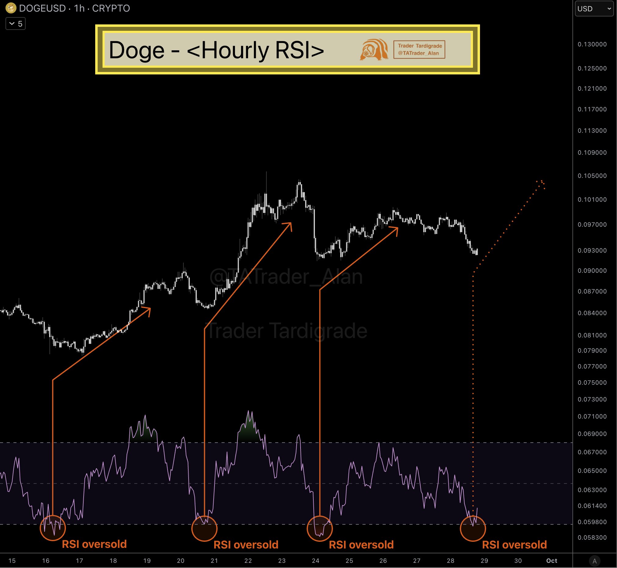 Dogecoin RSI in oversold territory | Source: Trader Tardigrade