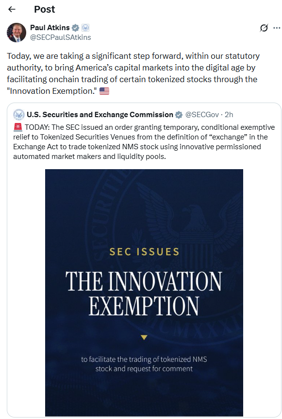 SEC approves onchain trading for tokenized stocks. Source: X