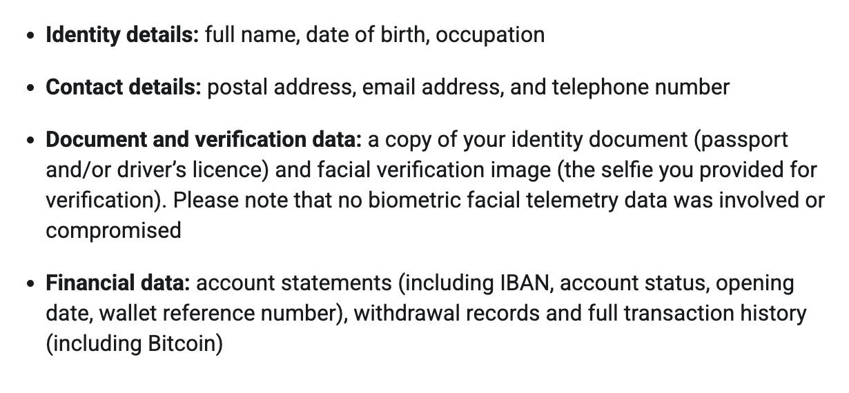 Information likely exposed according to the Revolut email. (Source: ZachXBT)