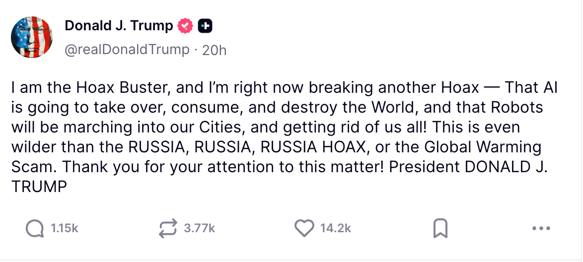 Trump downplays AI risks | Source: Truth Social