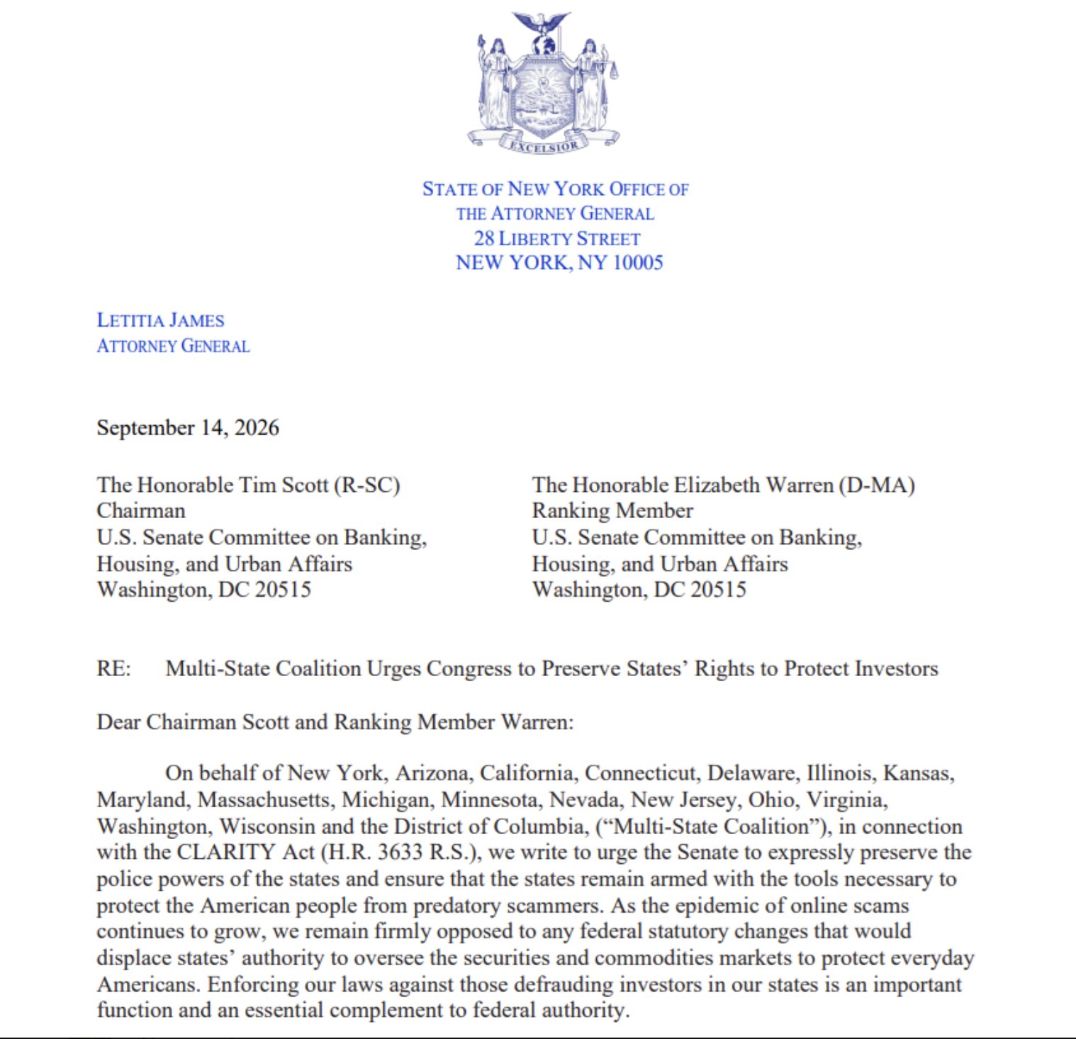 Clarity Act opposition letter | Source: Letitia James