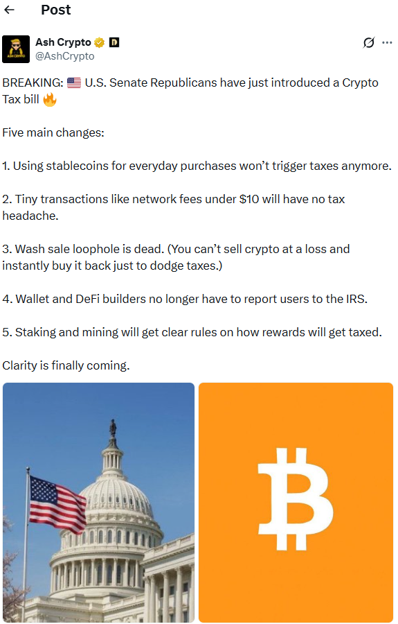 Senate crypto tax bill advances. Source: X