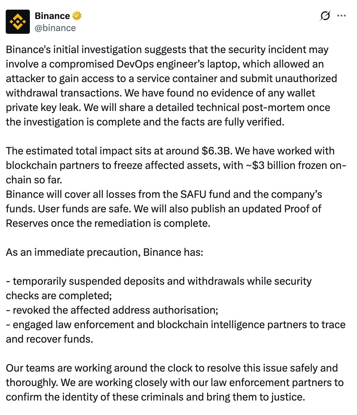 Comunicado de Binance | Fuente: X