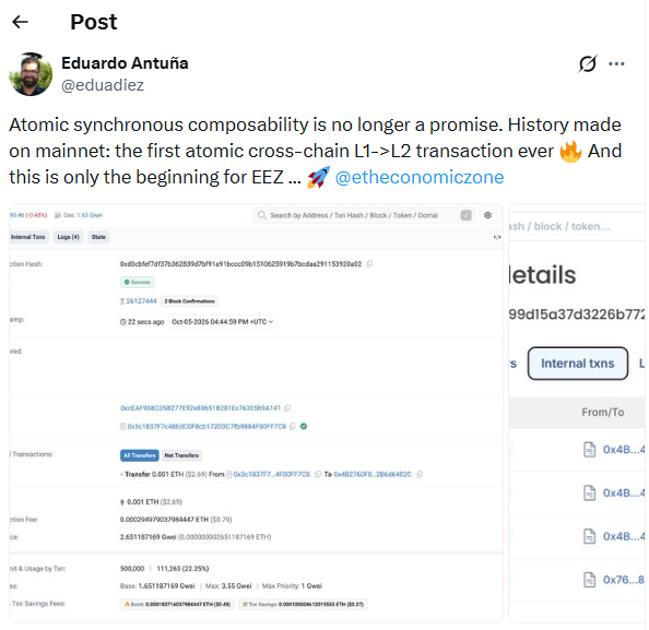 Ethereum completes first atomic L1-L2 transaction. Source: X