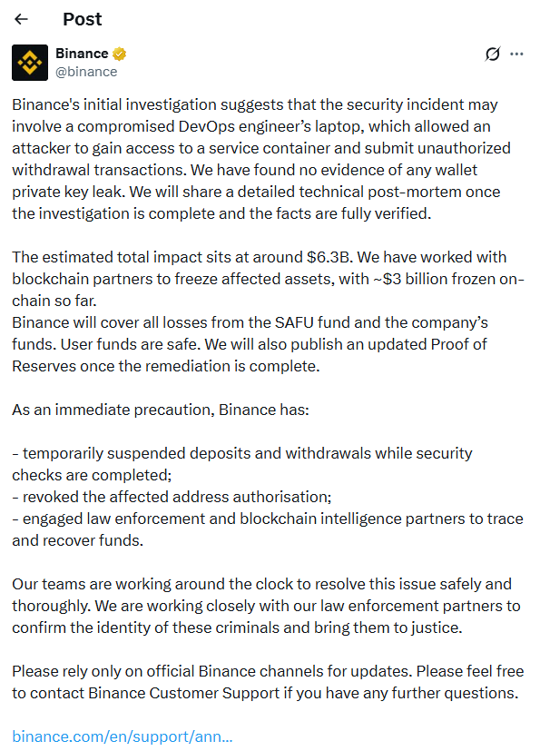 Binance hack Reveals $6.3B Security Breach Details. Source: X