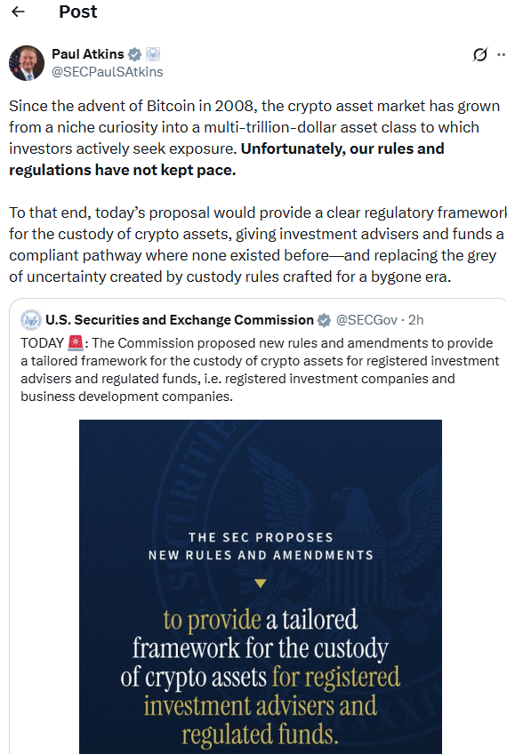 Atkins Backs SEC Crypto Custody Rules. Source: X