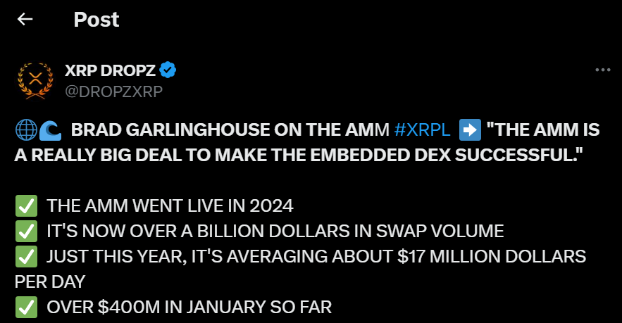 Brad Garlinghouse highlights XRPL AMM’s $1B+ swap volume