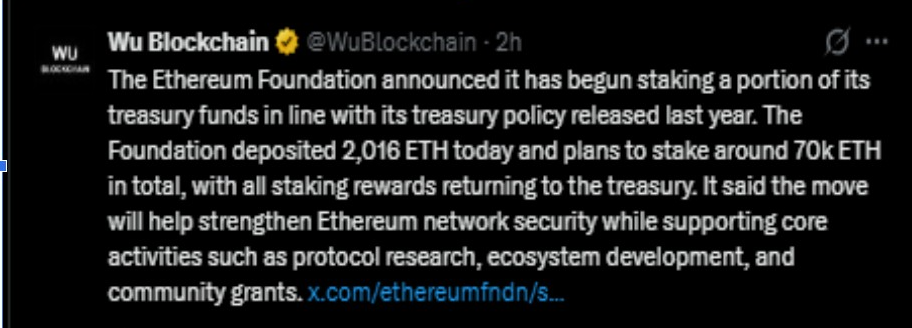 Ethereum Foundation Staking | Source: Wu Blockchain, X