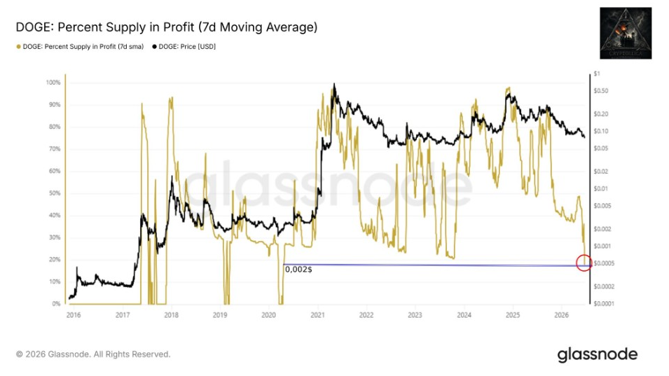 DOGE Percent Supply in Profit 7D MA | Source: Glassnode Data